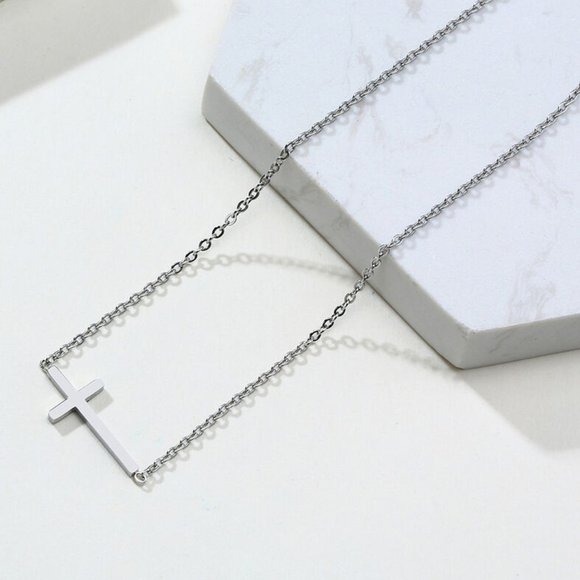 Dainty Sideways Cross‎ Necklace Silver - Picture 1 of 7